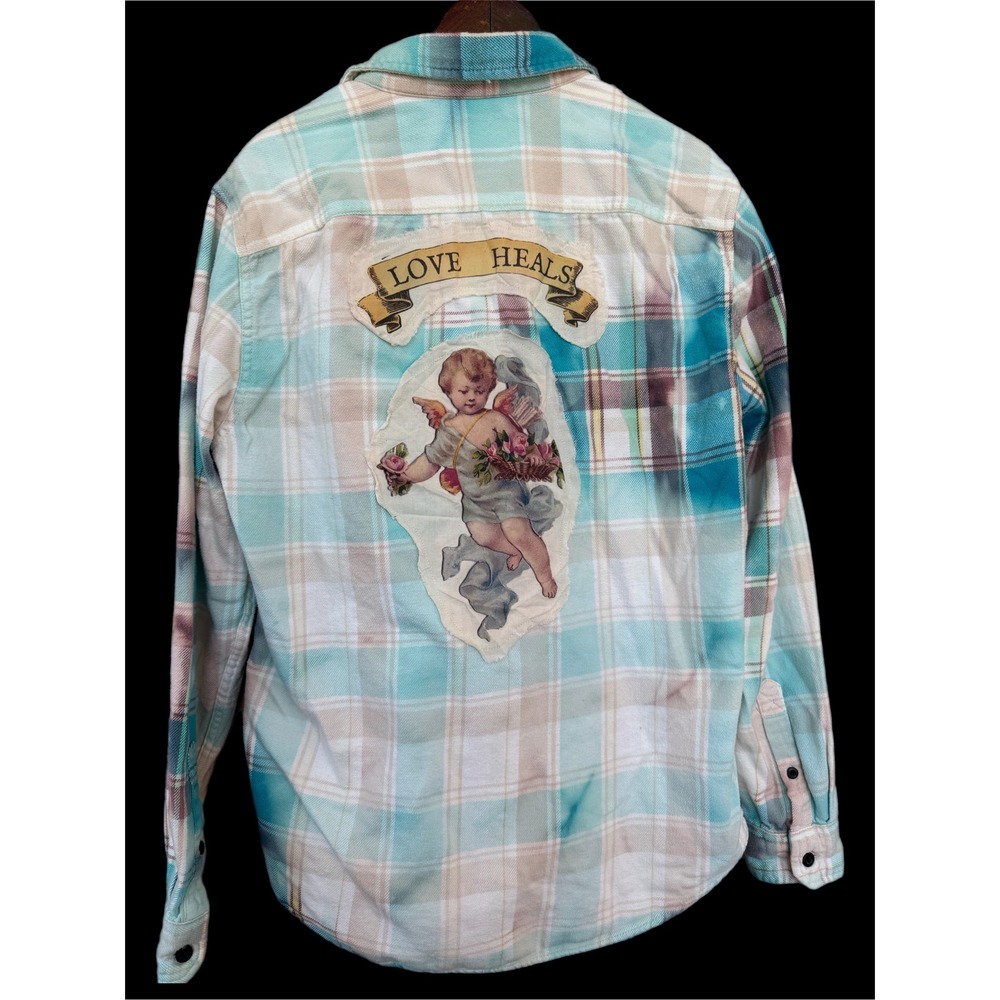 Upcycled Cherub Flannel Shirt‎ Medium Love Heals Cotton Soft Plaid - Picture 2 of 7